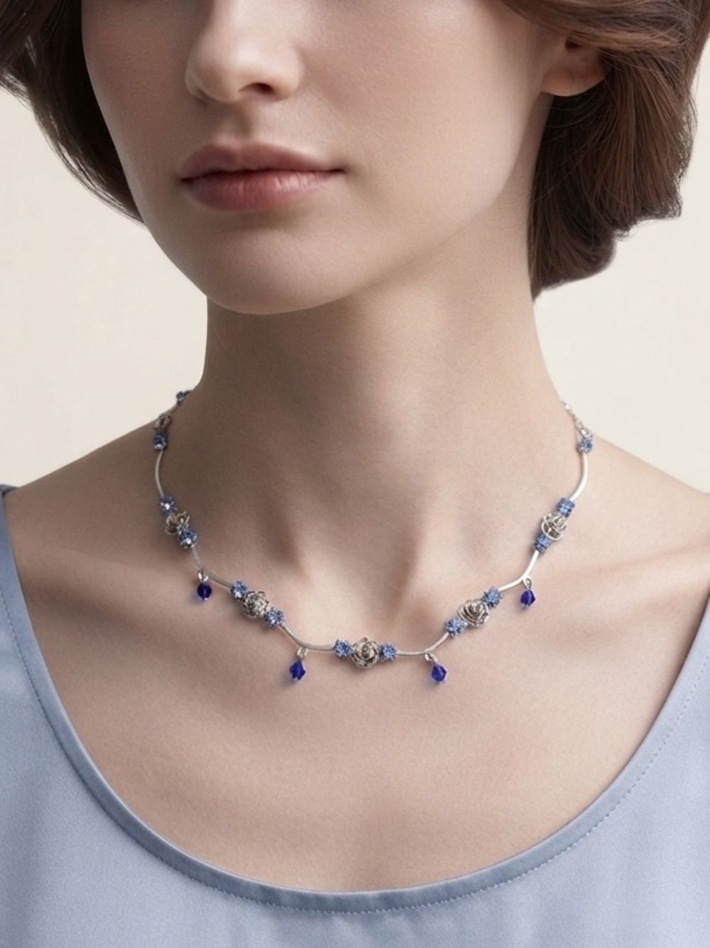 FAC Swarovski Crystal Blue Floral Necklace Silver Flowers Vintage